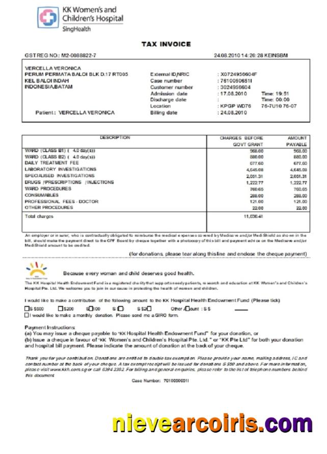 Singapore KK Women’s and Children’s Hospital tax invoice